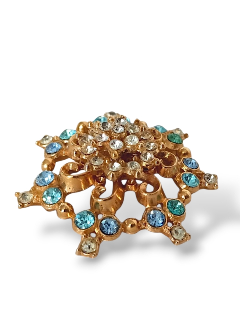 Vintage Gold Aqua Rhinestone Broocg Crystal Starburst Floral Mid Century Coquett